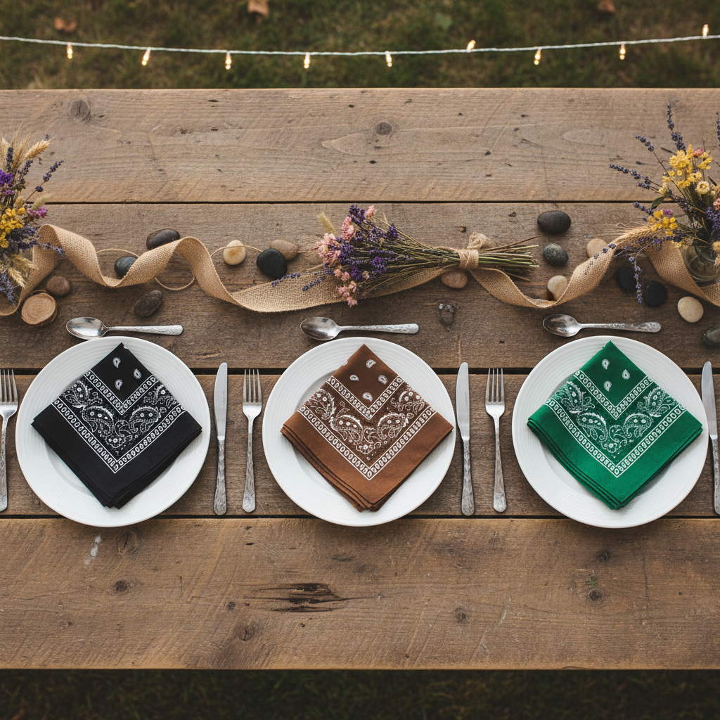 Western table with black brown green bandana napkins