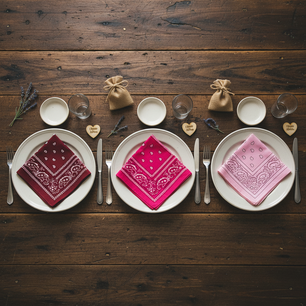 Western table with burgundy hot pink light pink bandana napkins