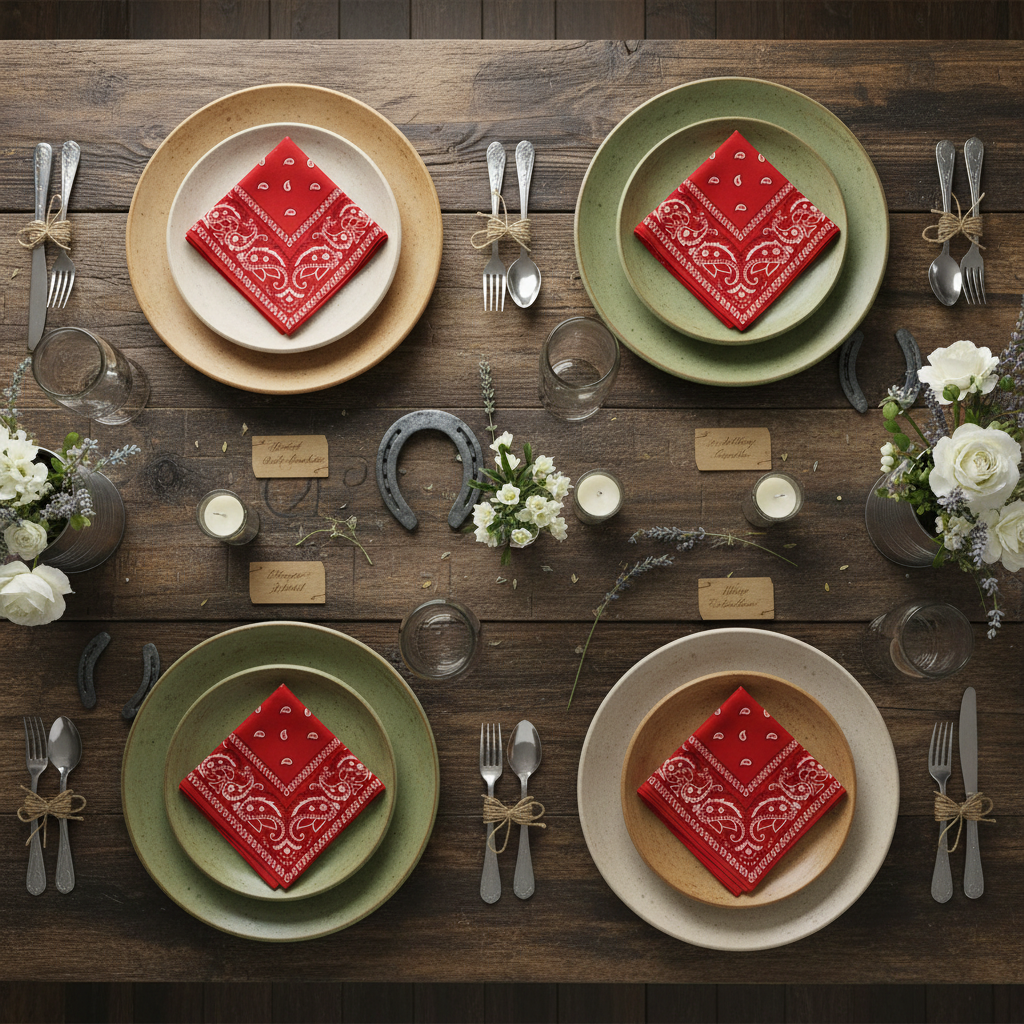 Western table with exactly 4 red bandana napkins