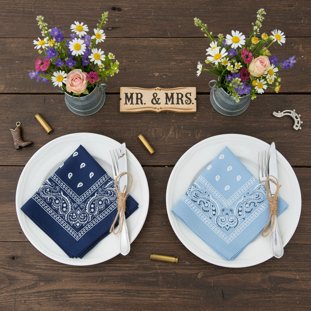 Western table with navy and light blue bandana napkins