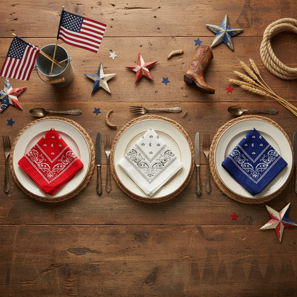 Western table with red white blue bandana napkins