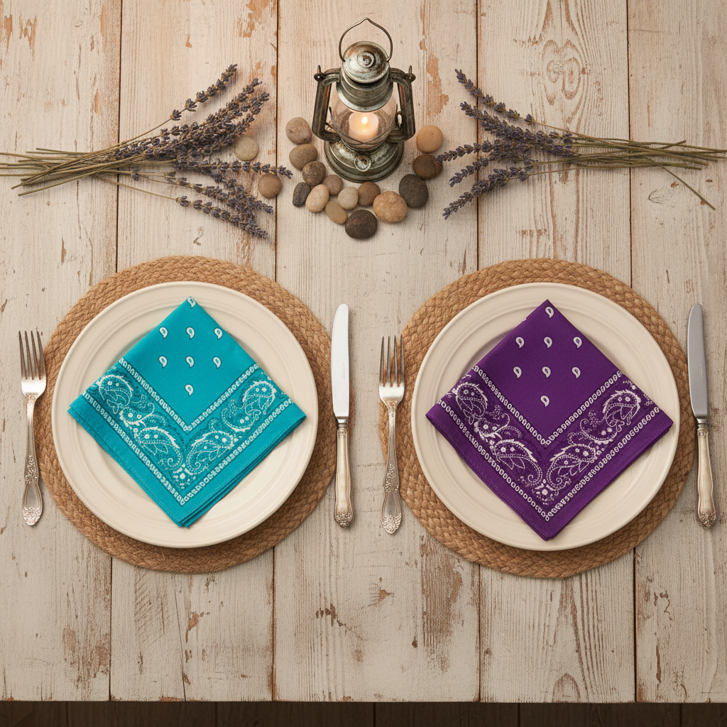 Western table with turquoise and purple bandana napkins