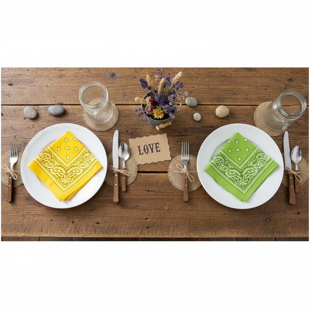 Western table with yellow and green bandana napkins
