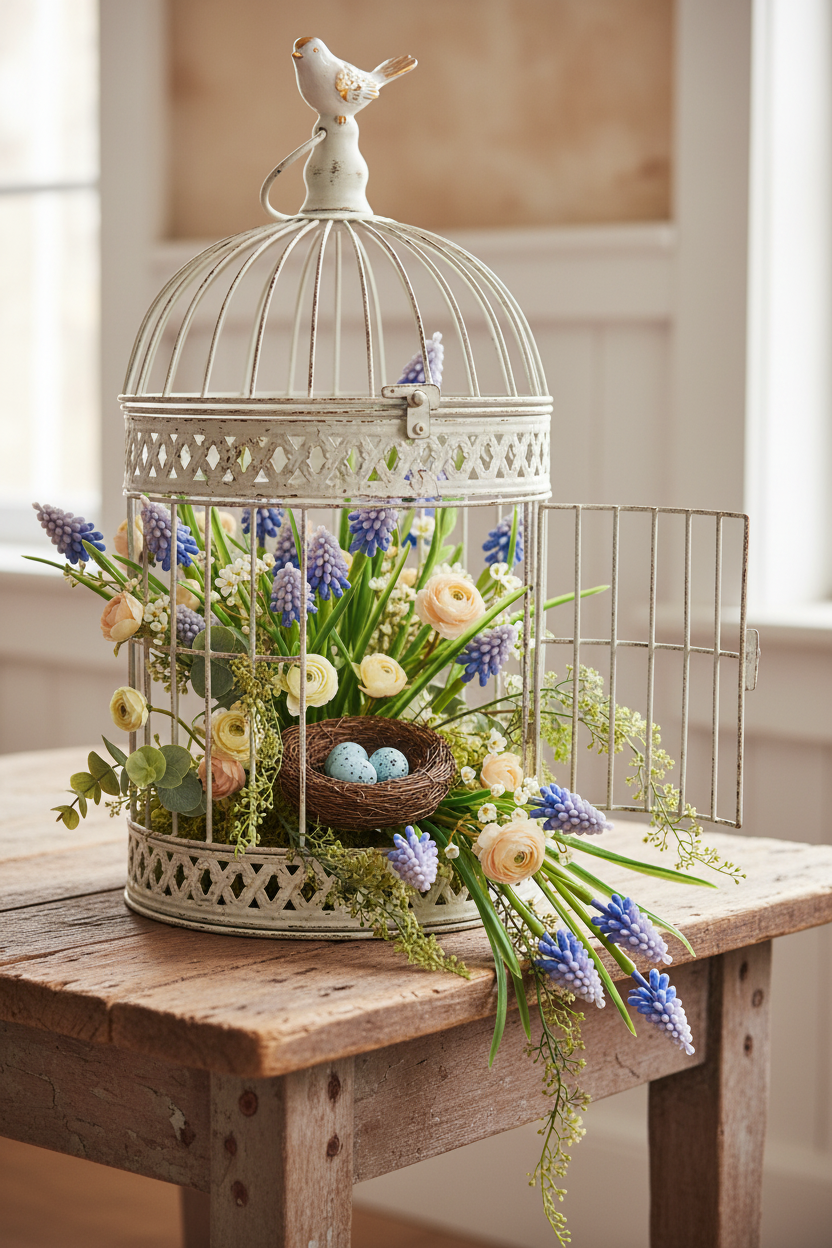 Whimsical Birdcage with Open Door, Nest, Eggs and Spilling Flowers