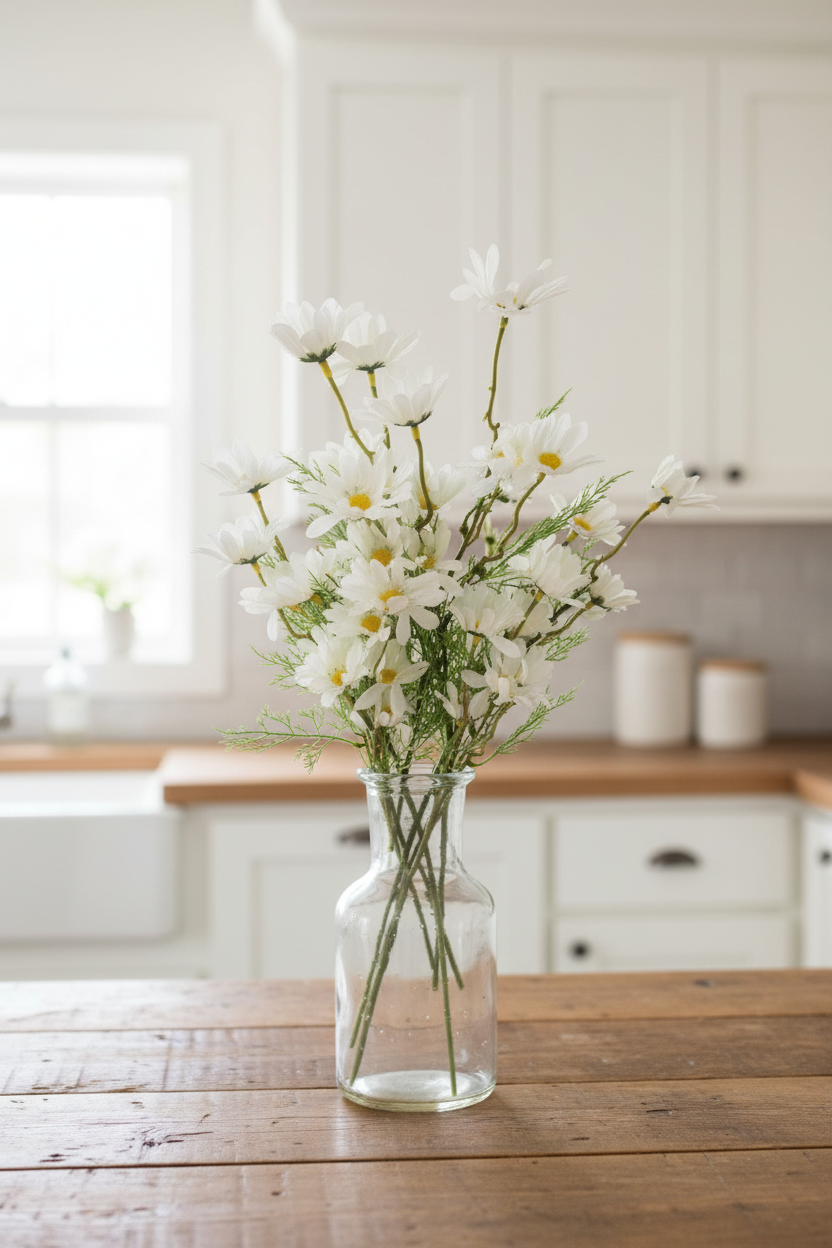 White faux daisy stems in clear glass vase - farmhouse kitchen decor
