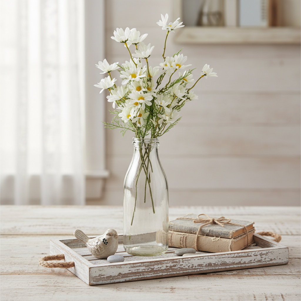 White faux daisy stems in vintage milk bottle - shabby chic farmhouse decor
