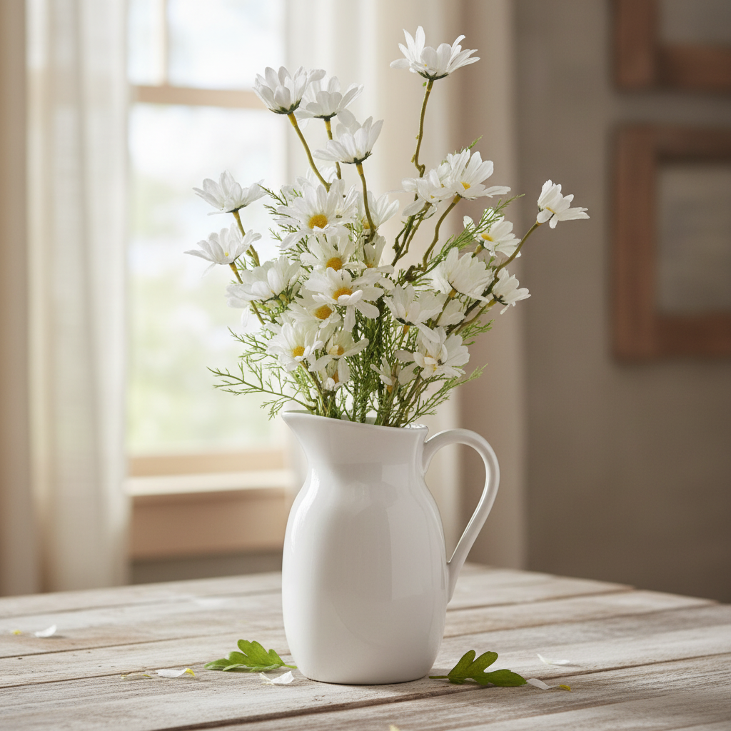 White artificial daisy bouquet in white ceramic pitcher - spring table centerpiece
