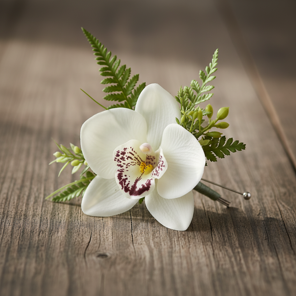 White orchid boutonniere with greenery