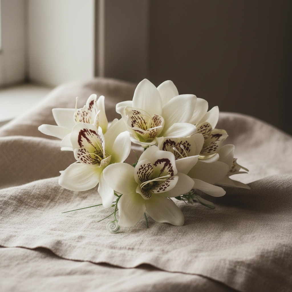 White orchid hair clip with greenery