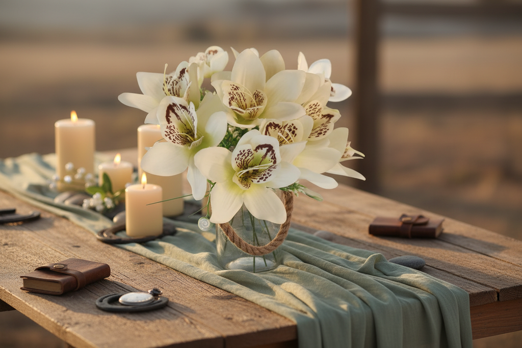 White orchids on elegant tablescape with sage green and candles