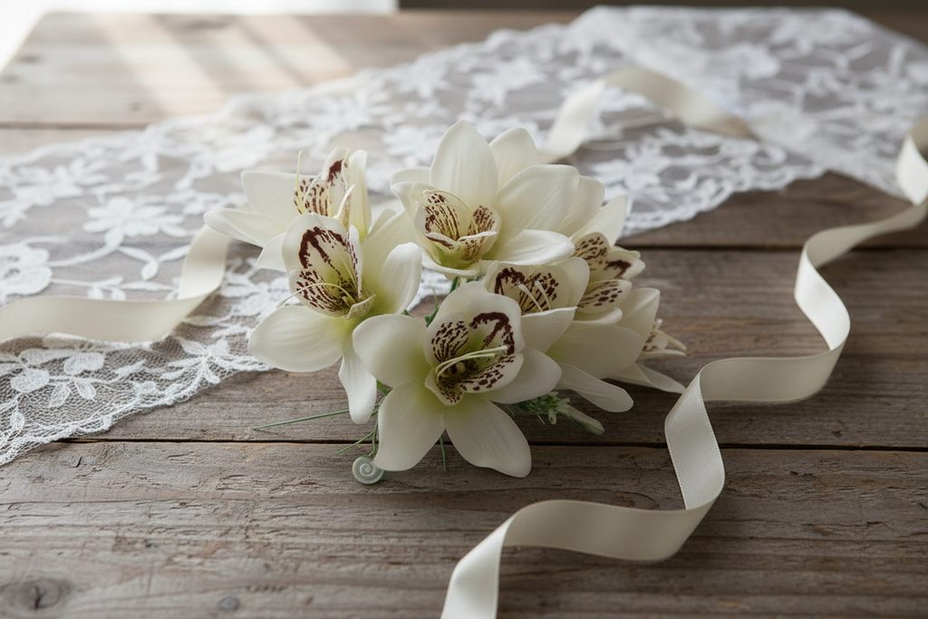White orchids on rustic wooden table with wedding styling