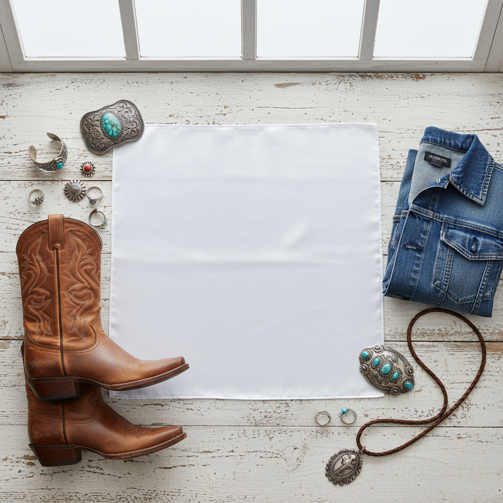 White satin scarf 19x19 flat lay with western accessories