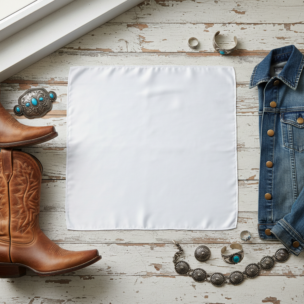 White satin scarf 19x19 flat lay with western accessories