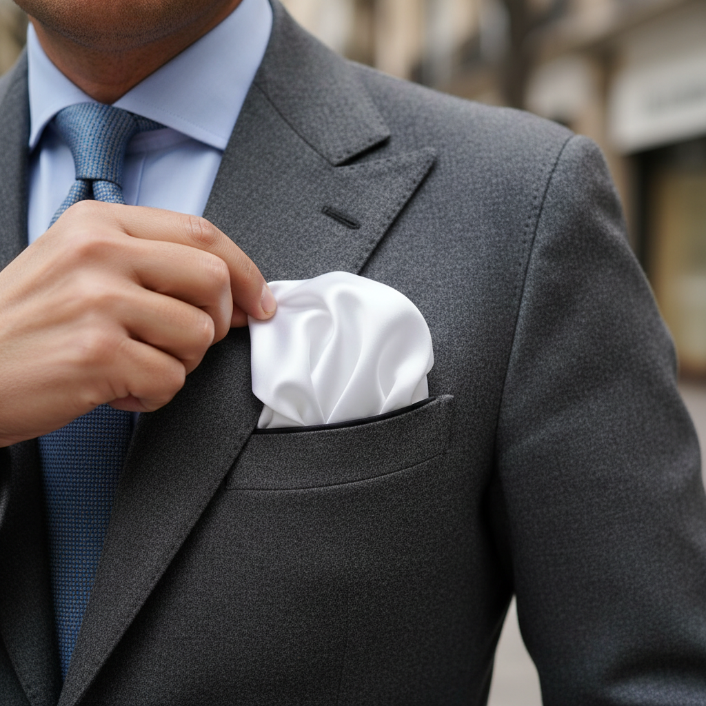 White satin scarf 19x19 folded as pocket square in blazer