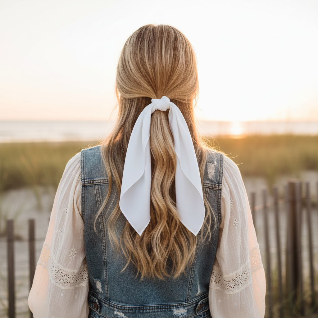 White satin scarf 19x19 tied at ponytail draping down
