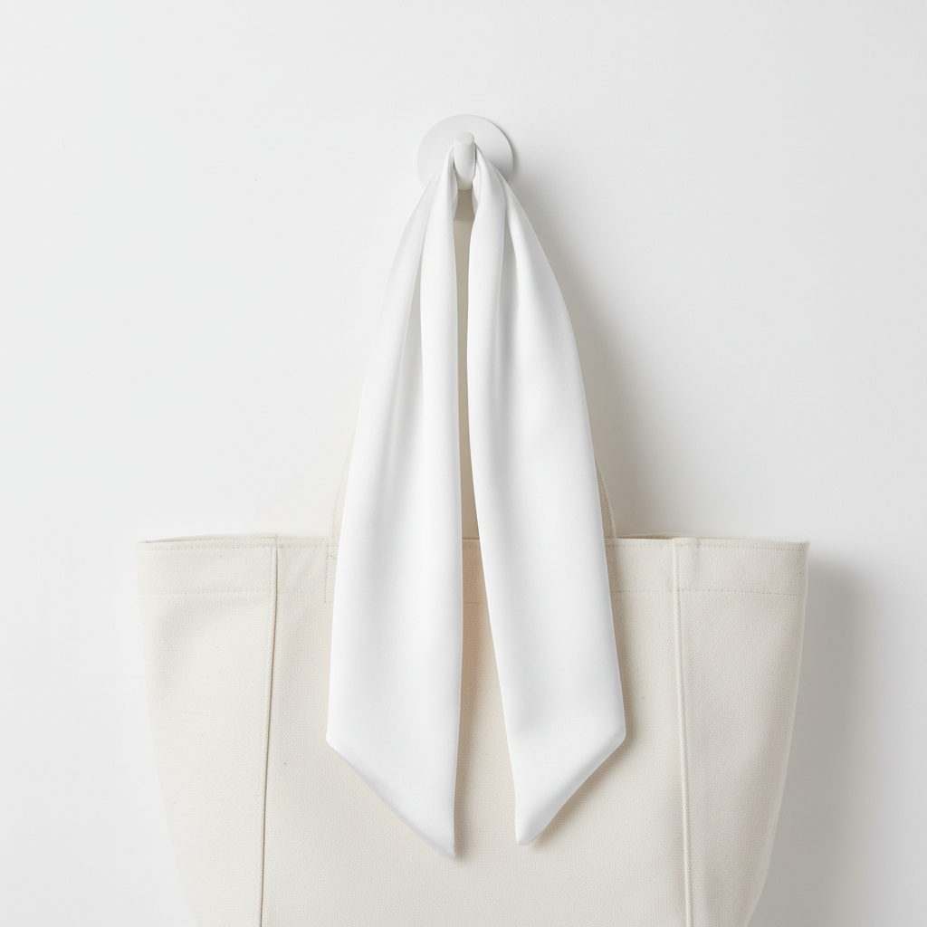 White satin scarf 19x19 tied on white purse draping down