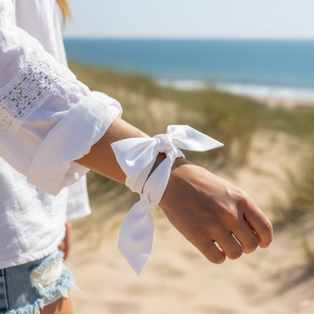 White satin scarf 19x19 wrapped twice around wrist with bow