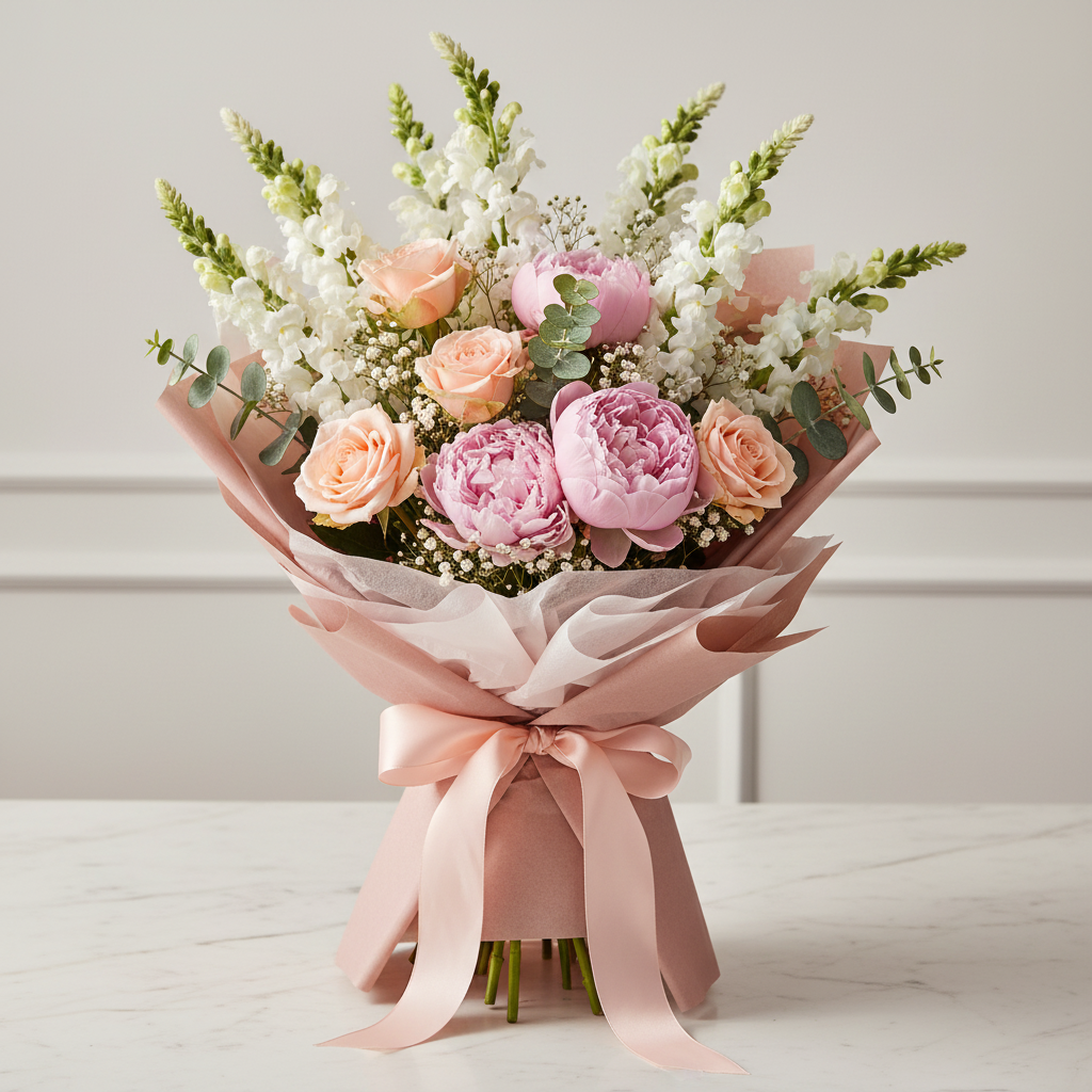 White snapdragon stems in Mother's Day bouquet with peach roses and pink peonies