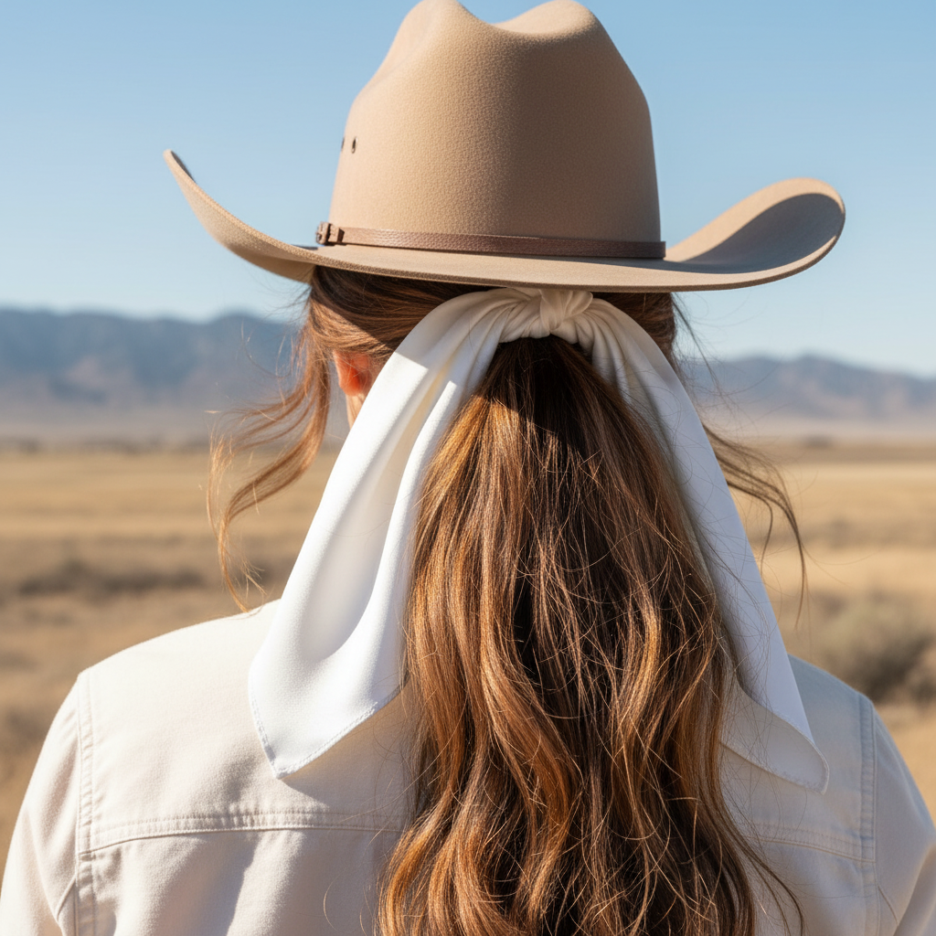 White wild rag 23x23 scarf styled as hair tie on cowgirl