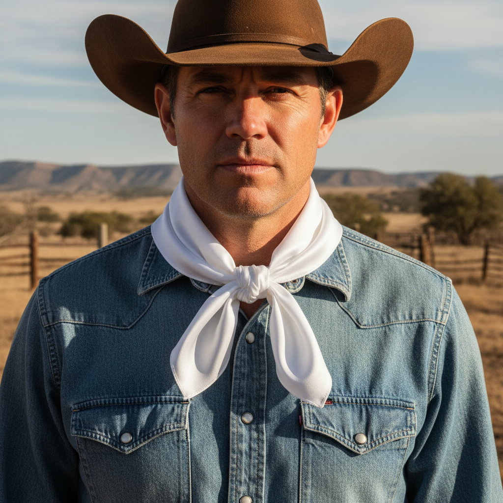 White wild rag 23x23 scarf tied in front with visible knot on cowboy