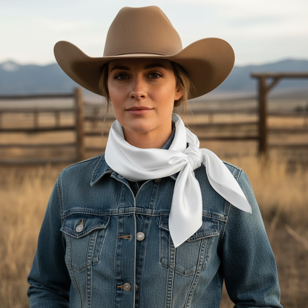 White wild rag 23x23 scarf wrapped around cowgirl's neck