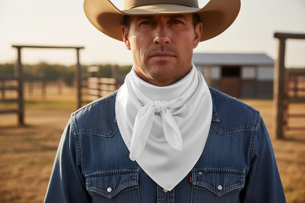 White wild rag scarf doubled around cowboy's neck matching product photo