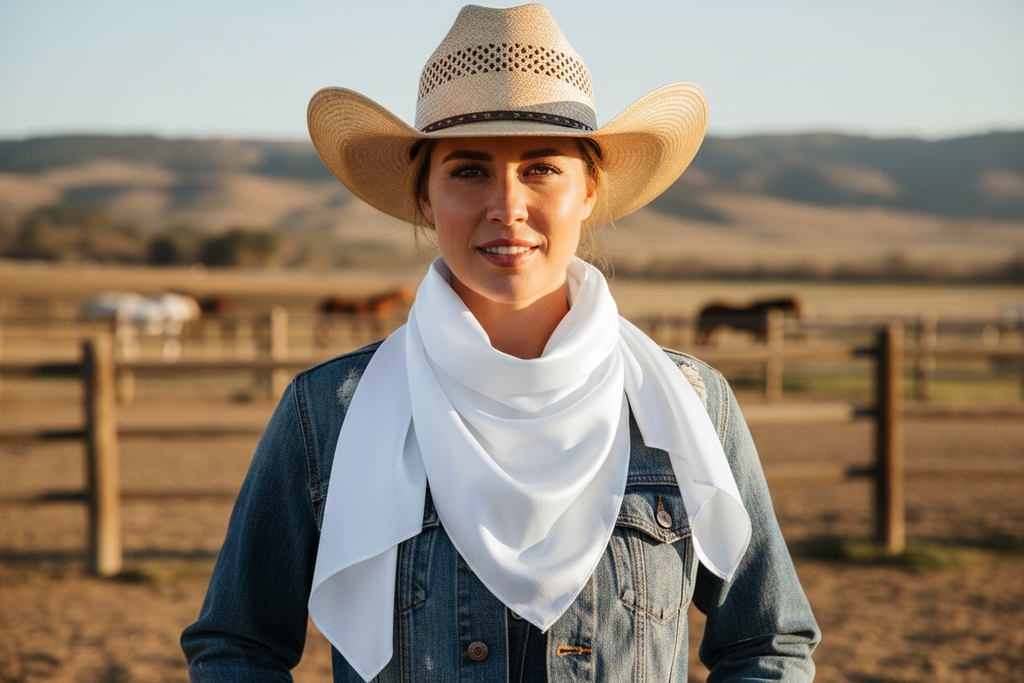 White wild rag scarf doubled around cowgirl's neck