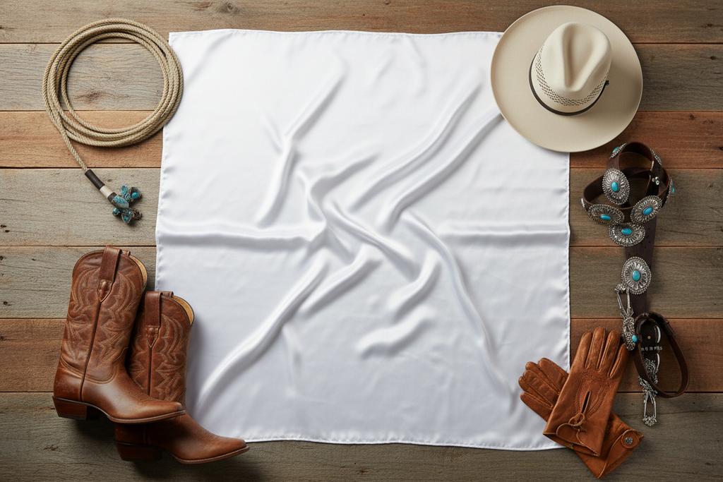 White wild rag scarf flat lay with western accessories