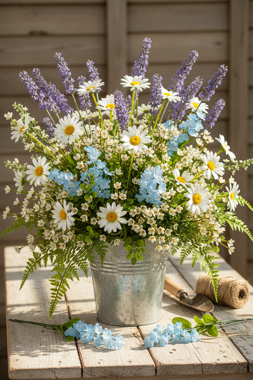 Wildflower Mix — Galvanized Bucket, White Daisies, Lavender, Blue Mini Blossom Filler