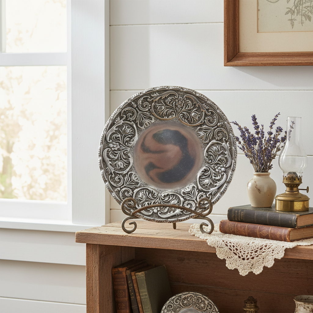 Wilton Armetale plate displayed on stand as wall decor