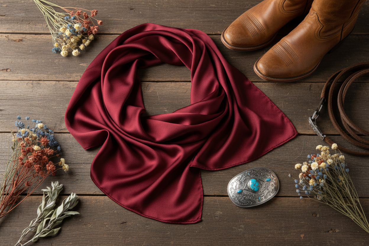 Wine red satin wild rag 35x35 flat lay with western leather boots and belt buckle