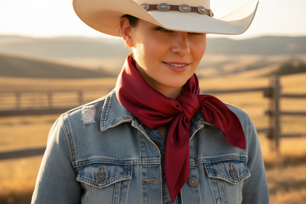 Wine red wild rag scarf worn by cowgirl with denim and hat