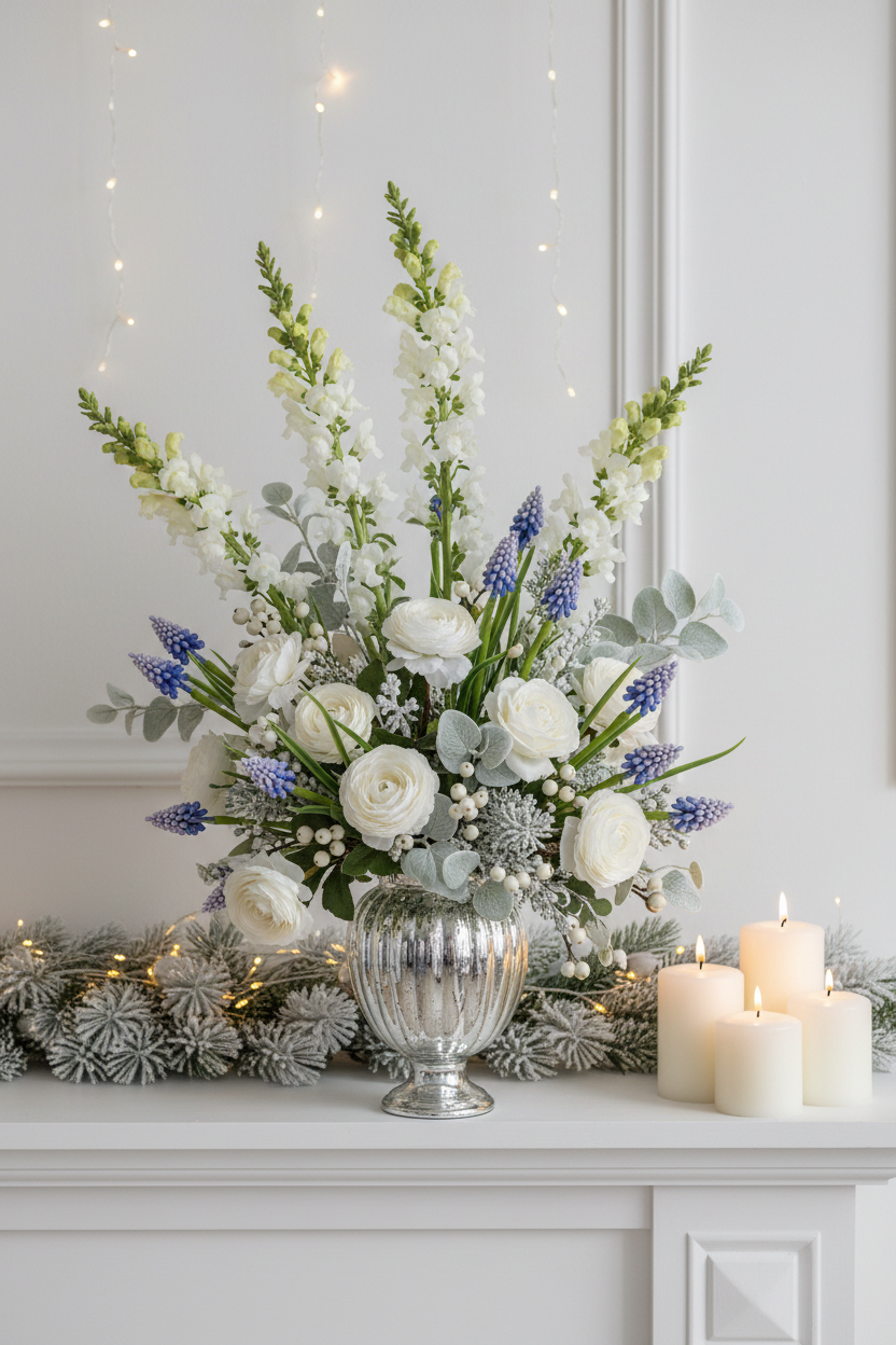 Winter Holiday Mantel Arrangement with Grape Hyacinth