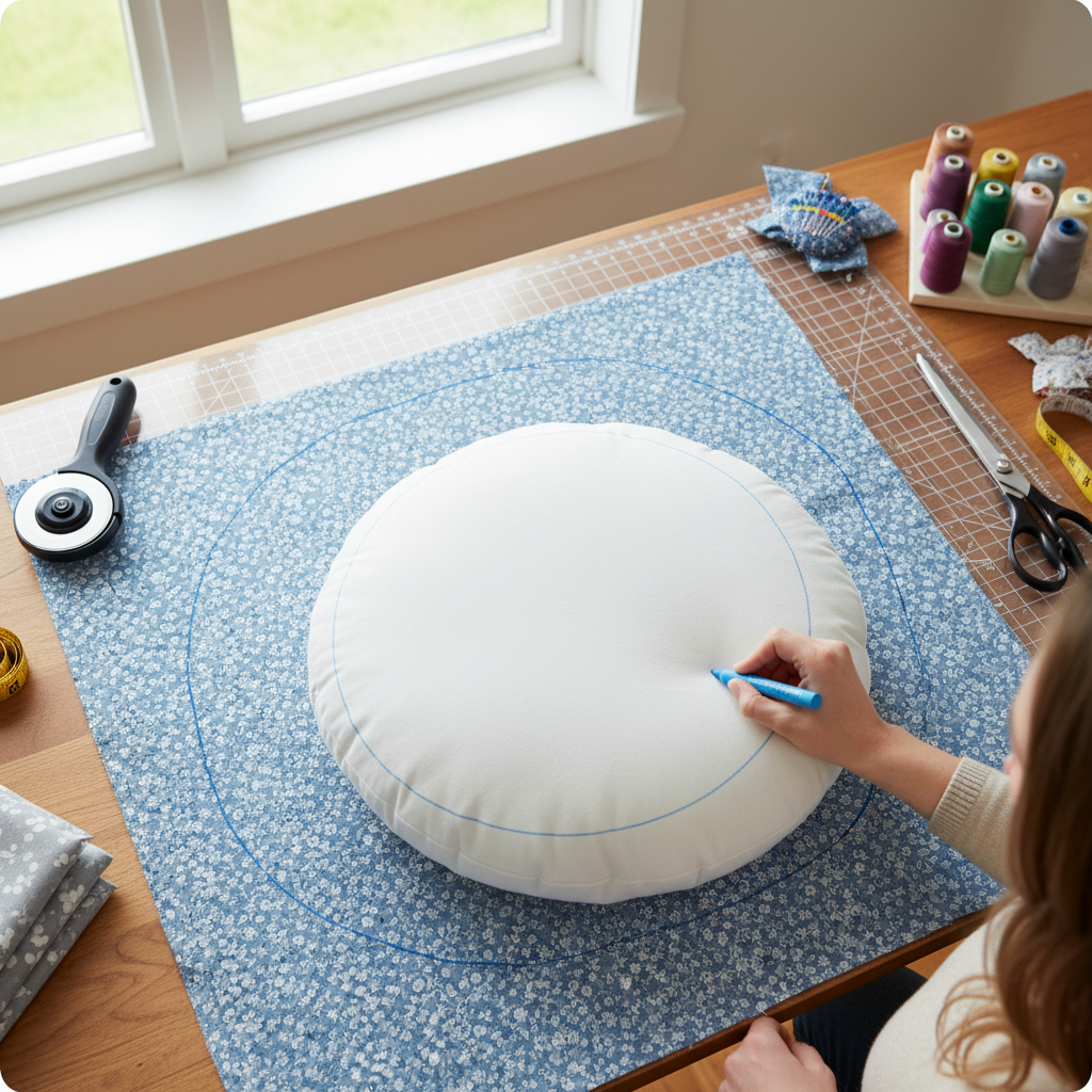 Woman tracing around pillow insert on fabric to create pattern