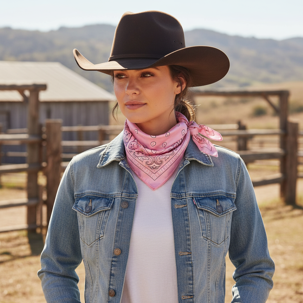 Woman wearing a pink, white, and black paisley satin wild rag as a compact Western neckerchief with denim and a cowboy hat.