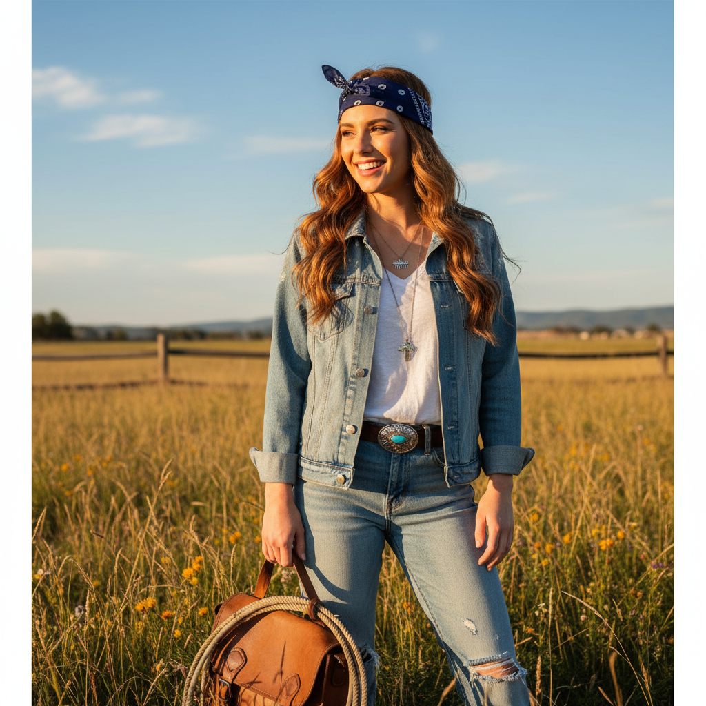 Woman wearing blue bandana headband