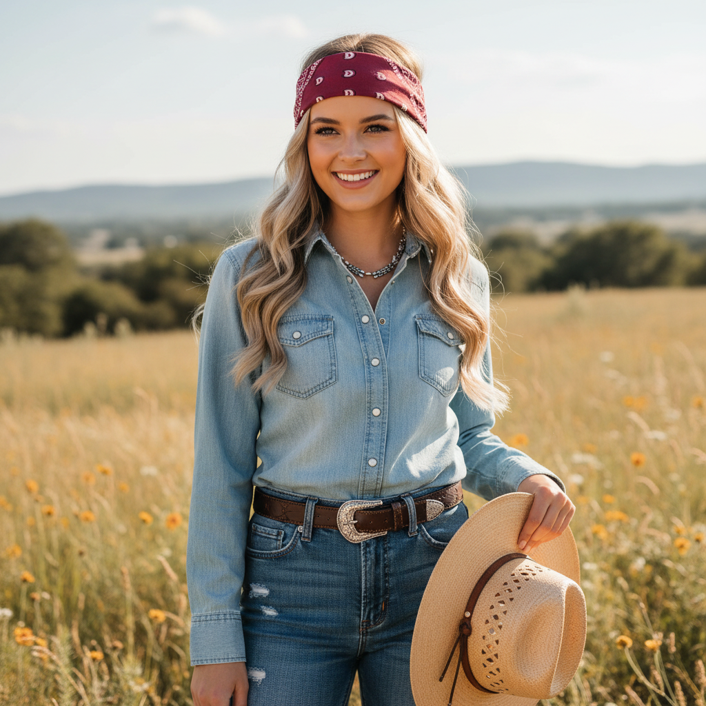 Woman wearing burgundy bandana headband