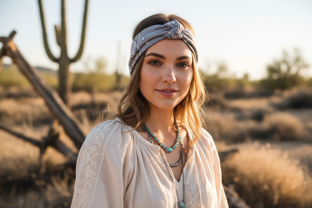 Woman wearing gray paisley bandana headwrap