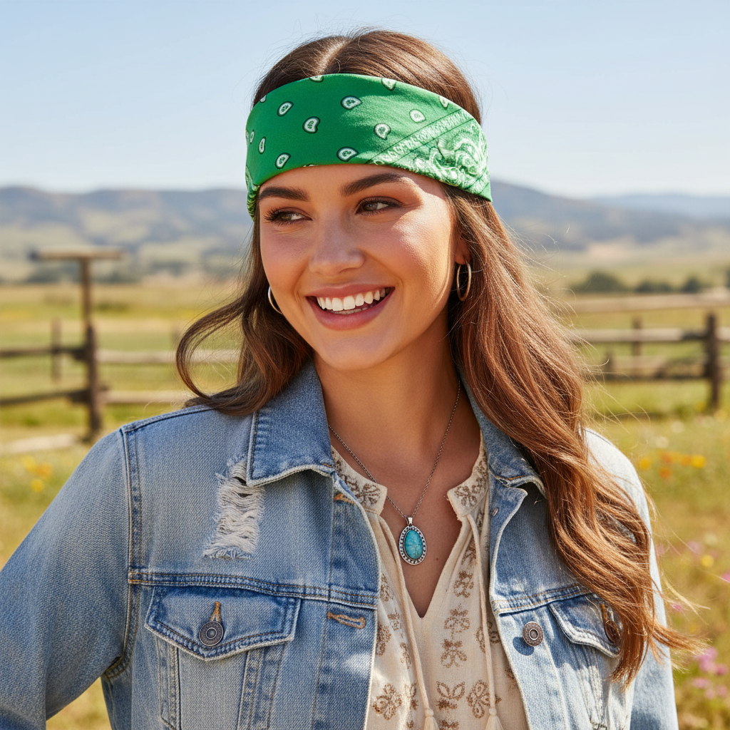 Woman wearing green bandana headband