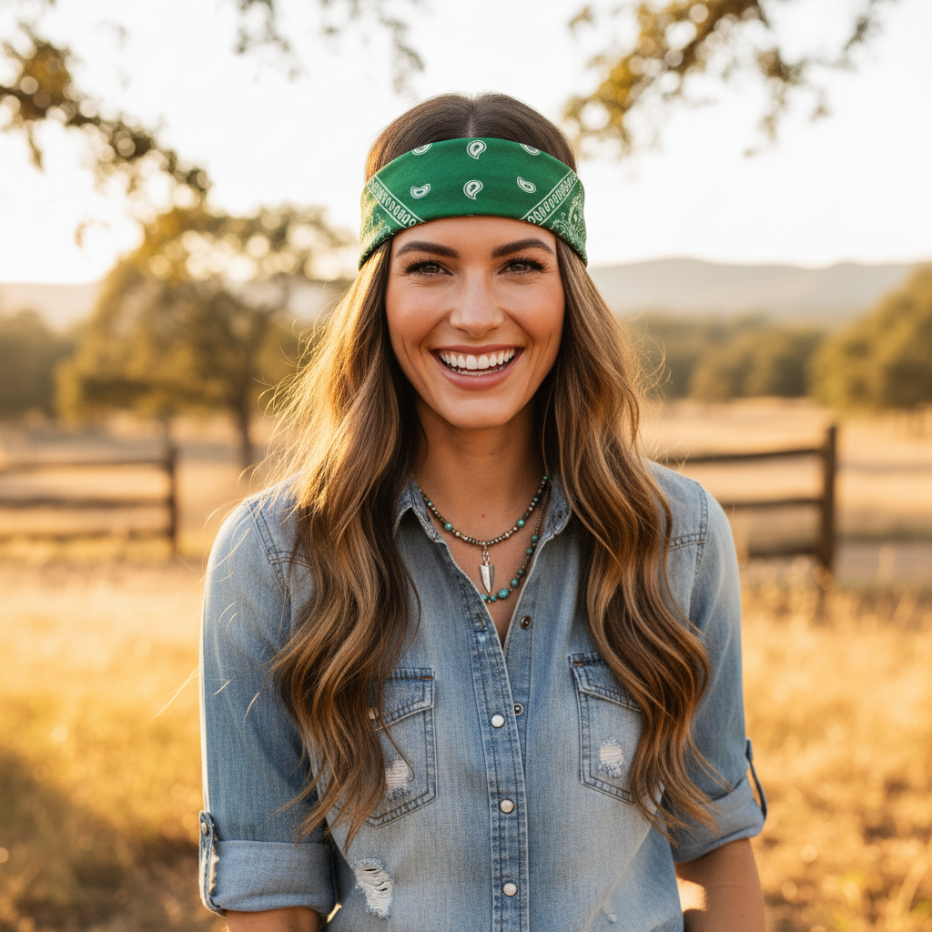 Woman wearing green bandana headband