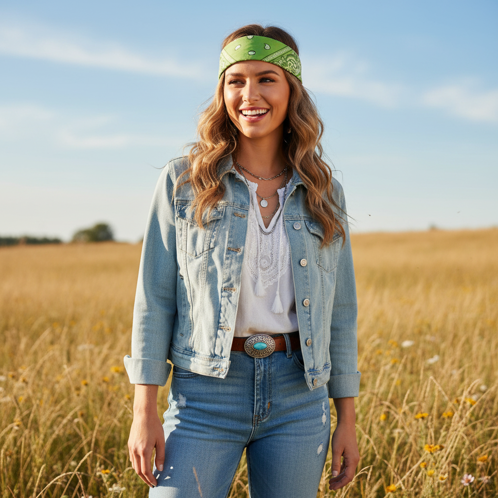 Woman wearing green bandana headband