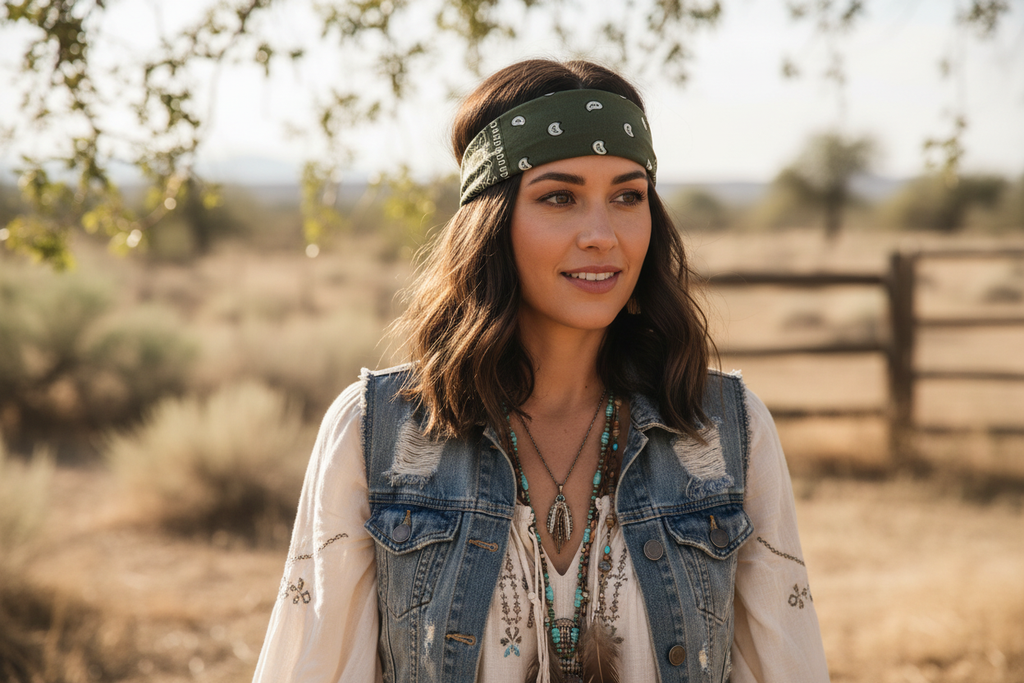 Woman wearing green paisley bandana headband