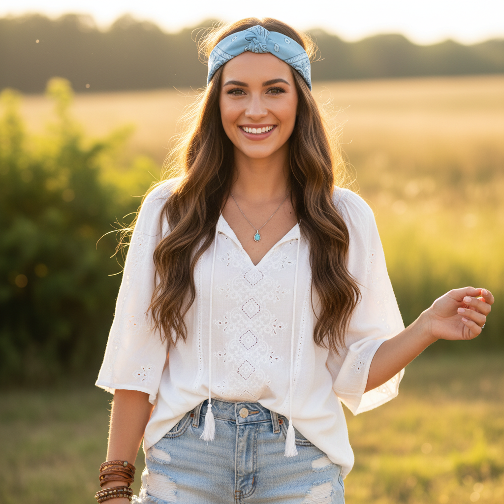 Woman wearing light blue bandana headband