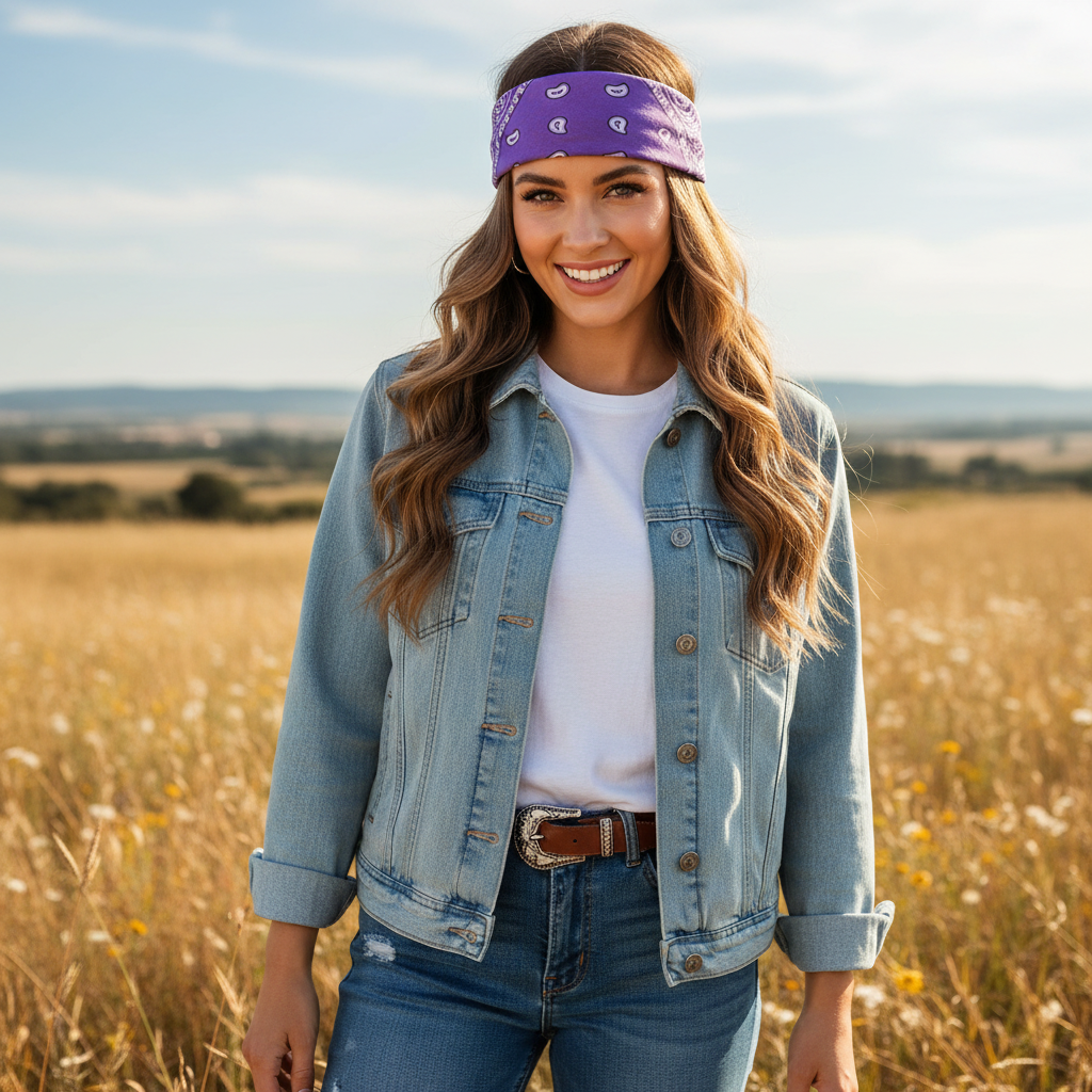 Woman wearing purple bandana headband