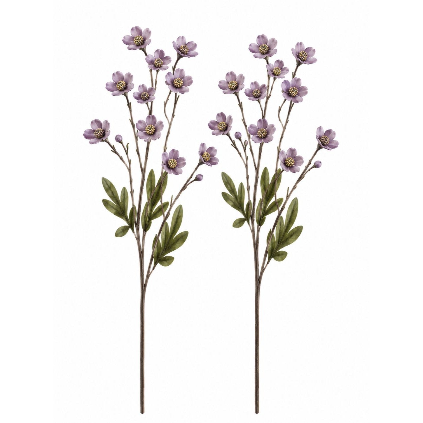 Two artificial flower stems with purple flowers and green leaves on a white background