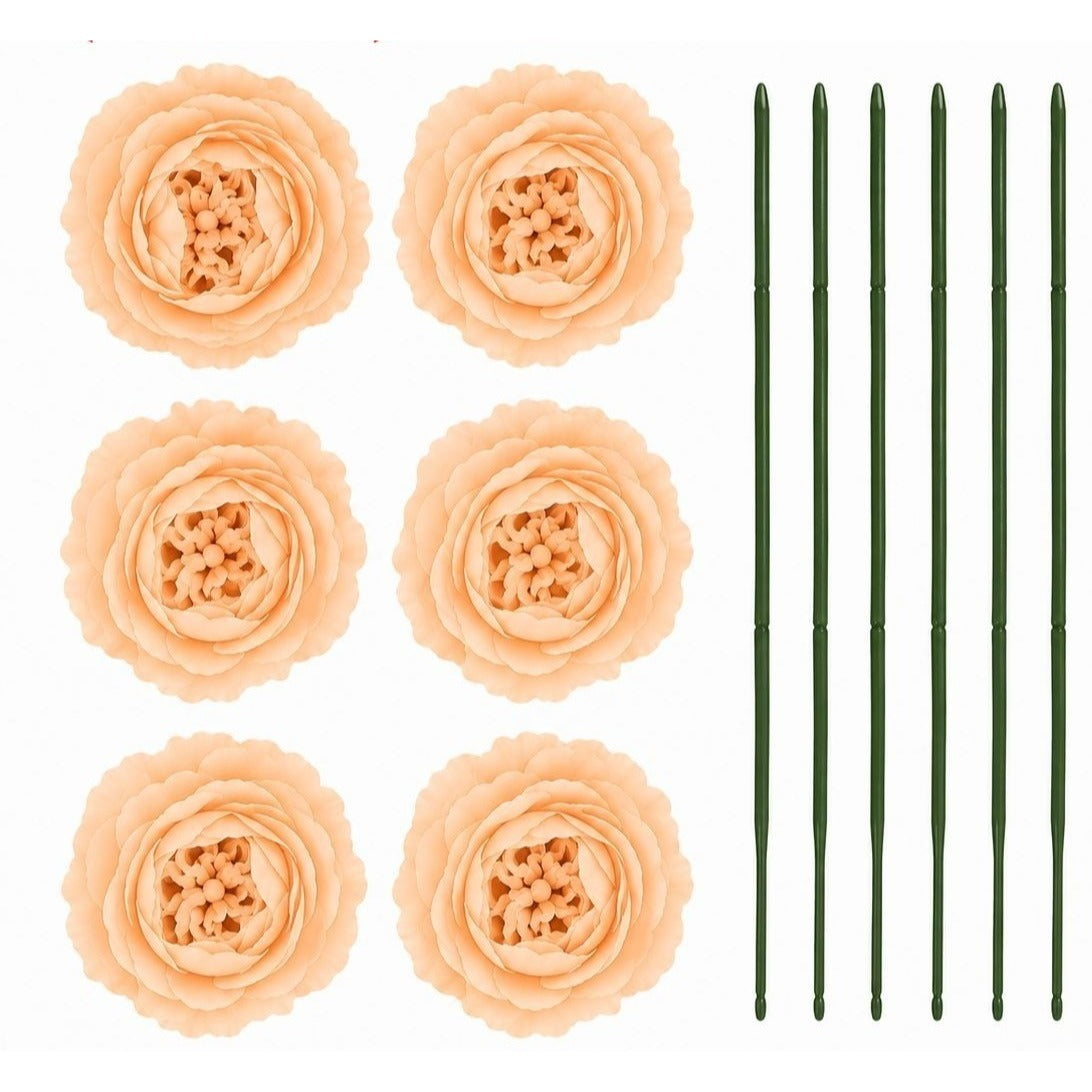 Creamy Peach Artificial Peony Ranunculus Flowers Set of 6 with 7 Inch Wire Stems for Wreaths Centerpieces Floral Crafts