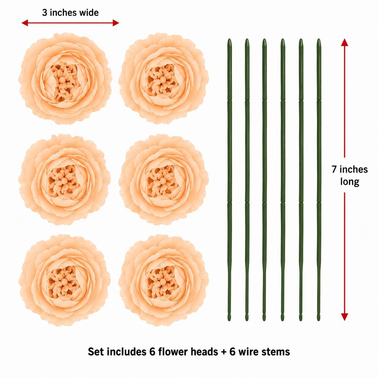 Six peach-colored artificial flower heads with six dark green wire stems, shown on a white background with red dimension arrows indicating 3 inches wide by 7 inches long, and text stating the set includes 6 flower heads + 6 wire stems.