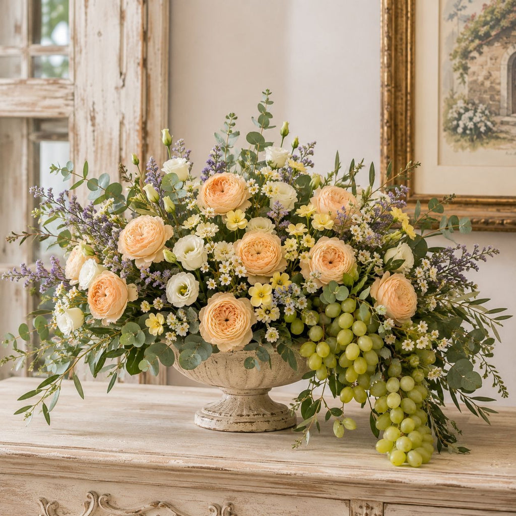 A large floral arrangement in a distressed stone urn sits on a carved wooden console table. The bouquet features peach roses, cream ranunculus, lavender sprigs, green eucalyptus, and clusters of green grapes, set against a softly blurred interior background with a window and framed artwork.