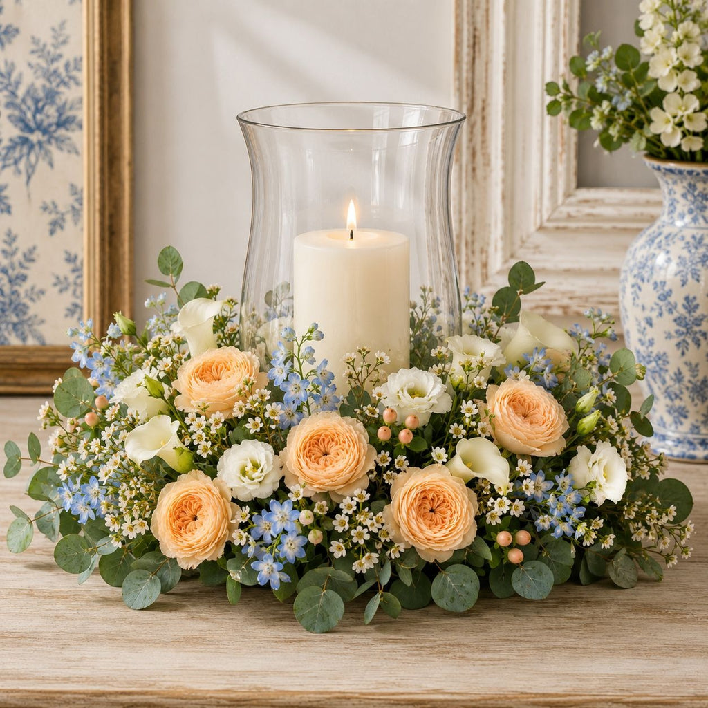 A decorative floral centerpiece with peach roses, white flowers, blue filler blooms, and green eucalyptus leaves arranged around a tall clear glass vase holding a lit white pillar candle, set on a wooden surface in a styled interior.