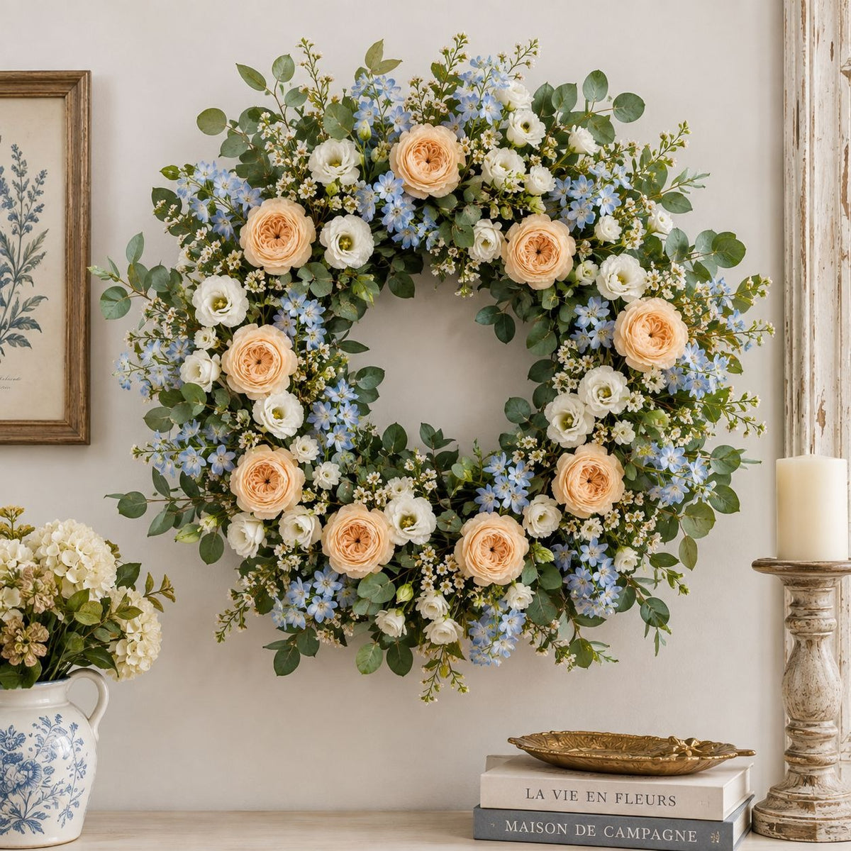 A large floral wreath hanging on a beige wall, decorated with peach roses, white ranunculus, light blue delphiniums, and green eucalyptus leaves. The wreath is styled in a rustic room setting with a framed botanical print, a blue-and-white ceramic pitcher, stacked books, and a candlestick holder.
